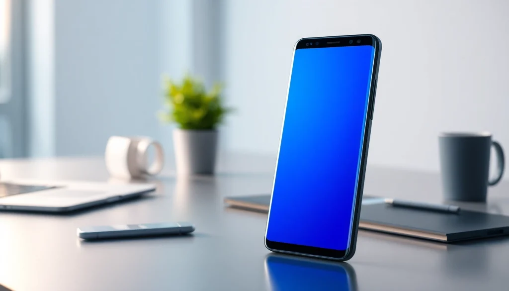 The Samsung Galaxy S8 smartphone showcased in a modern workspace, highlighting its sleek design and vibrant display.