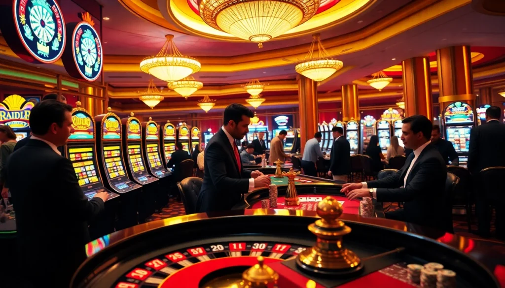 Players enjoying high-stakes gambling excitement at https://s8.boston/ casino tables with colorful slot machines.