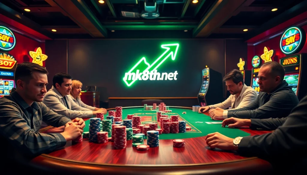 Players engaging at a poker table with mk8th.net's vibrant online casino atmosphere.