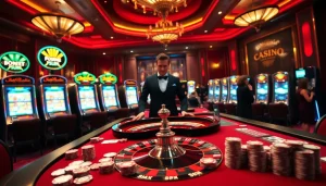 Players engaging in a thrilling game of 399W poker at an upscale casino table.