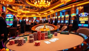 Engaging casino scene featuring high-stakes poker at https://sc88.archi/ with vibrant slot machines and roulette.