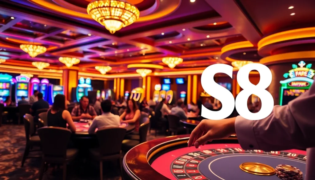 Players enjoying thrilling games at S8's stunning casino with vibrant lights and modern decor.