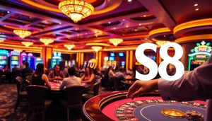 Players enjoying thrilling games at S8's stunning casino with vibrant lights and modern decor.