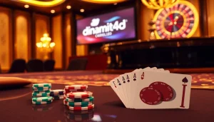 A vibrant casino table scene featuring dinamit4d elements, showcasing poker chips and a roulette wheel.