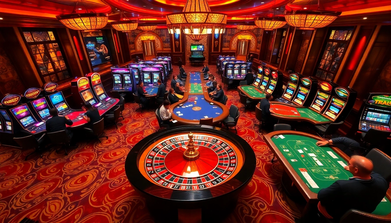 A vibrant casino scene at https://789win.associates/ showcasing roulette and poker tables filled with enthusiastic players.
