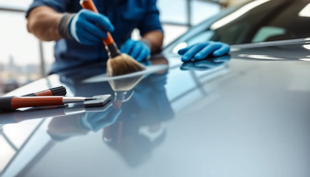 Applying ceramic coating Chattanooga for a glossy car finish in a professional detailing service.