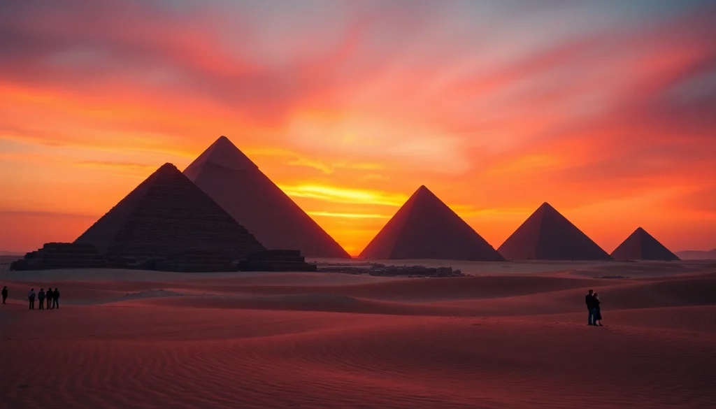 Explore the majestic piraminds of Giza illuminated by a stunning sunset backdrop.