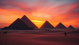 Explore the majestic piraminds of Giza illuminated by a stunning sunset backdrop.