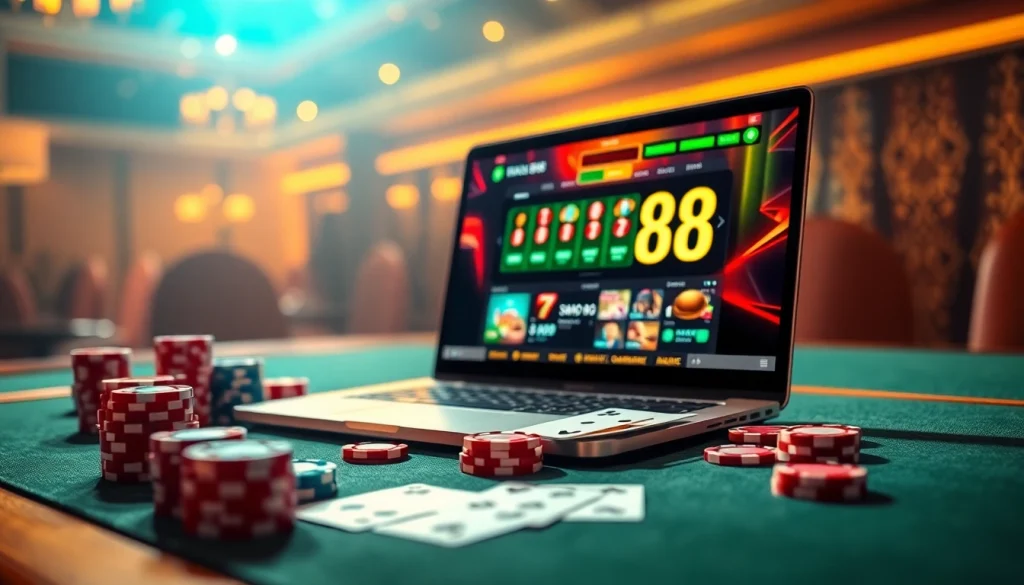 Experience the excitement of viral88 with poker chips and cards on a vibrant online casino table.