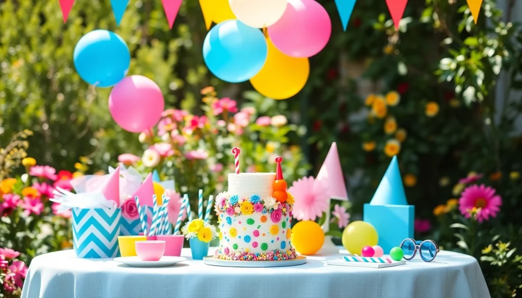 Setting up a customizable birthday party with colorful decorations and themed cake.