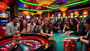 Excited players win big at https://x88ni.com/ in a luxurious casino setting with roulette and poker tables.