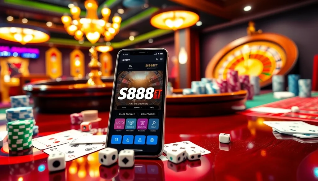 S88BET app on a casino table with poker chips and playing cards, showcasing vibrant gambling excitement.