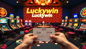 Engage in thrilling gameplay at Luckywin's luxurious casino table filled with vibrant slot machines and poker chips.