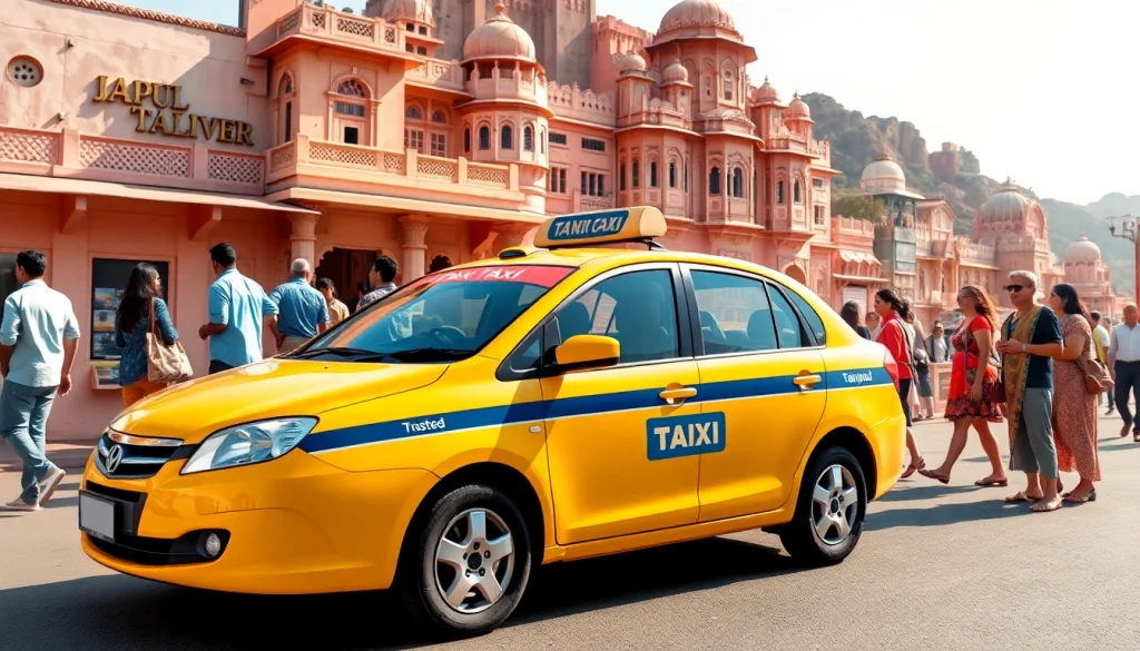 Jaipur Taxi Service: Clean taxi with tourists near pink city landmarks.