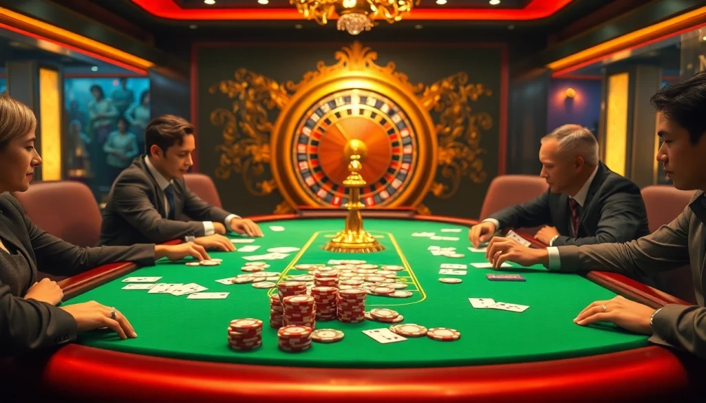 Players strategize at a poker table with MMOO chips and cards in a lively casino.