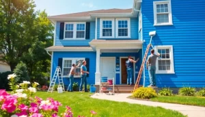 Exterior painting service revitalizing a classic two-story house with vibrant blue paint on a sunny day.