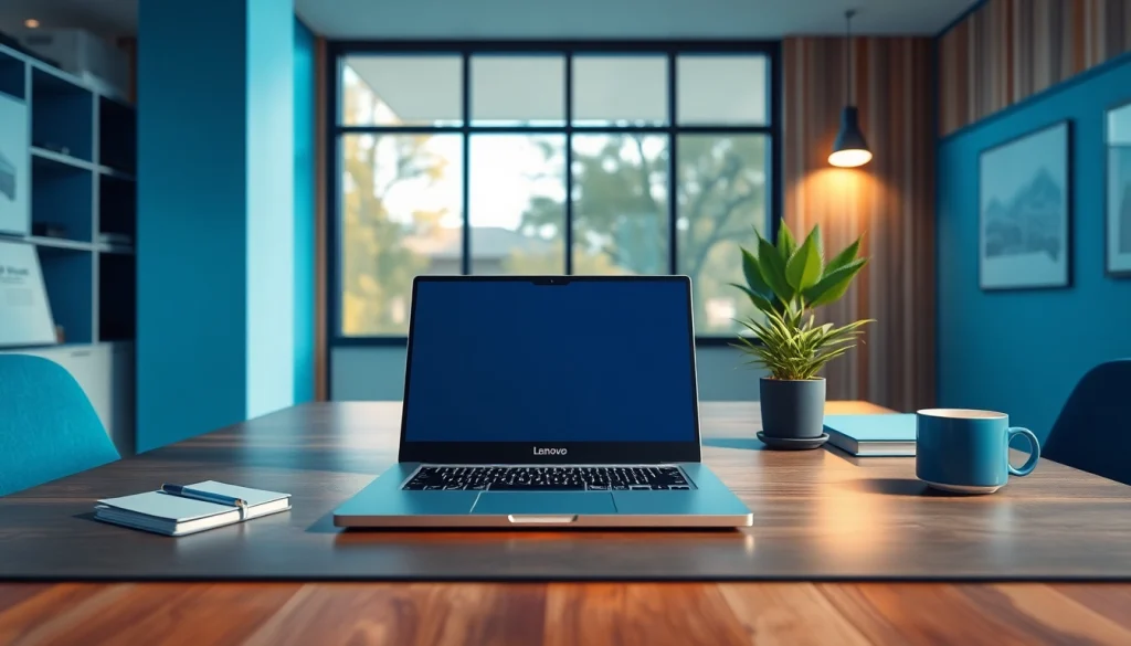 現代的なワークスペースに配置された Lenovo クーポン。洗練されたノートパソコンとインスピレーションあふれる雰囲気。