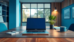 現代的なワークスペースに配置された Lenovo クーポン。洗練されたノートパソコンとインスピレーションあふれる雰囲気。