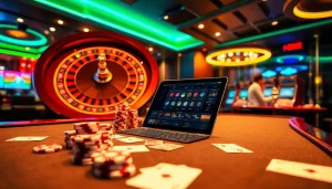 sbobet gaming table with vibrant neon colors and engaged gamblers placing bets