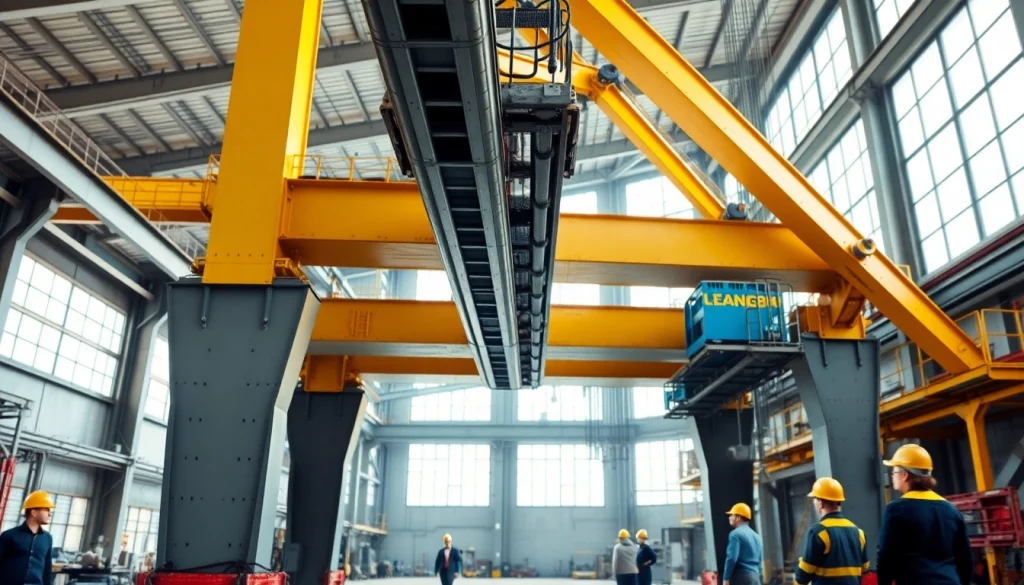 Bridge crane lifting heavy materials in a bustling industrial environment