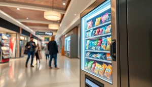 A modern snack machine designed by snack machine manufacturers, showcasing vibrant snacks in a busy mall.