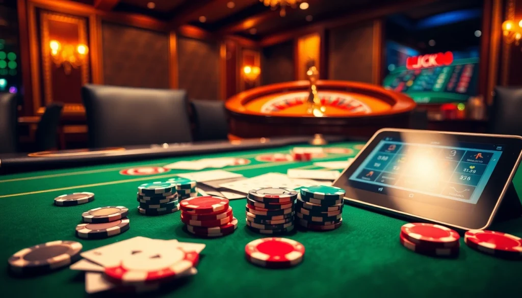 Trải nghiệm sự hứng khởi của LUCK8 tại bàn casino sang trọng đầy màu sắc với những con chip poker và bánh xe roulette.