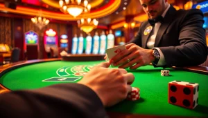 Excited player stacking chips at a luxurious LC88 casino table amidst vibrant games.