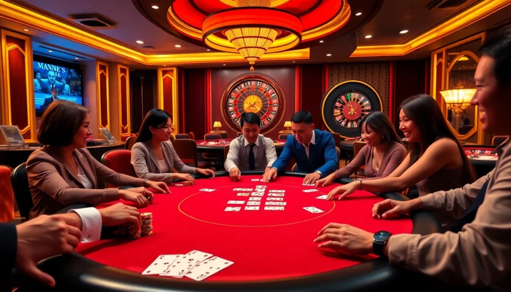 Engaged players at LC 88 poker table with colorful chips and excitement.