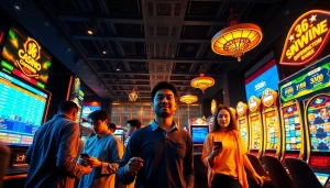 56WIN online gambling platform with diverse players enjoying sports betting and casino games in a vibrant atmosphere.