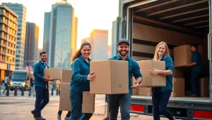 Moving Experts efficiently transporting furniture in a bustling urban environment.