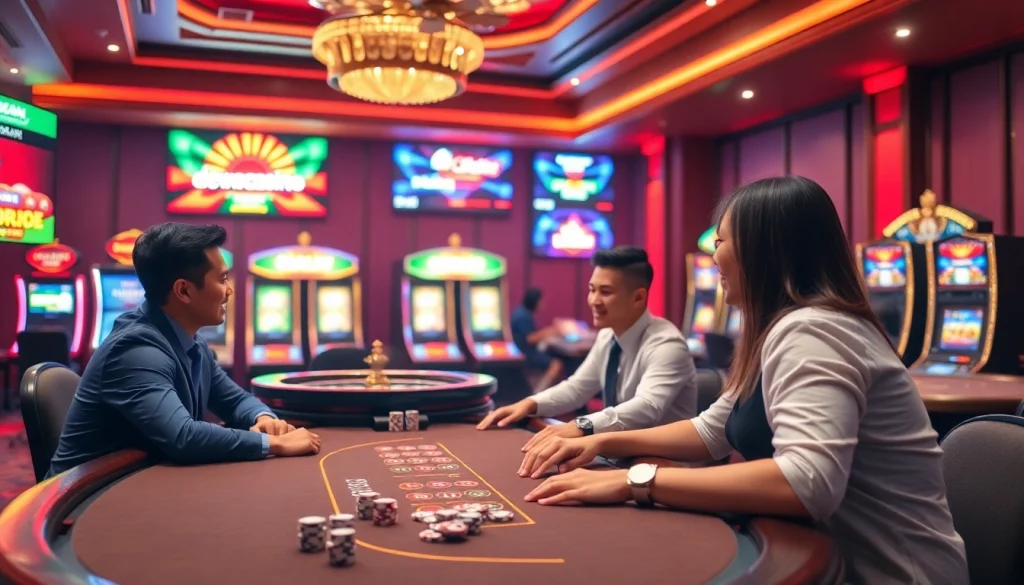 Players at a live dealer table enjoying games at dewacasino link, vibrant atmosphere with poker chips and roulette wheel.