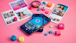 Colorful InstaPro app interface on smartphone amidst engaging Instagram content elements.