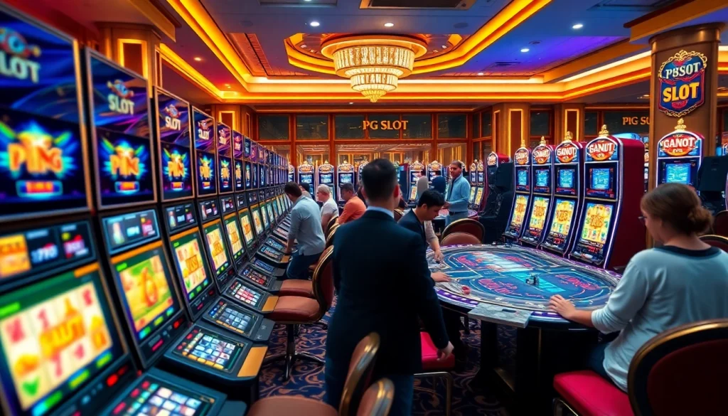 Experience the excitement of PGSLOT games surrounded by luxurious casino ambiance with colorful slot machines and eager players.