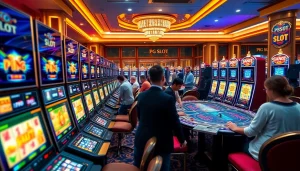 Experience the excitement of PGSLOT games surrounded by luxurious casino ambiance with colorful slot machines and eager players.