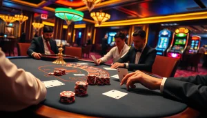 Experience the thrill of NOHU with poker action at an upscale casino table featuring vibrant lights.