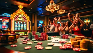 Daga-themed casino excitement with poker chips, cards, and celebrating gamblers.