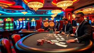 Gambling excitement at a luxury casino featuring kjc poker tables and vibrant slot machines.