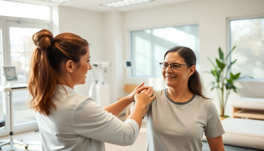Engaging physiotherapy session in Edmonton showing a therapist helping a patient rehabilitate.