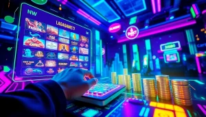LAGAGAME77 gaming scene featuring a player engaging with vibrant holographic displays and vibrant digital ambiance.