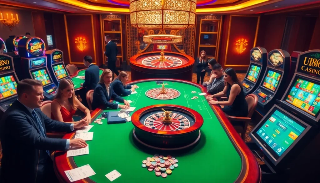 Players enjoying their time at UU88 CASINO with poker chips and a roulette wheel.