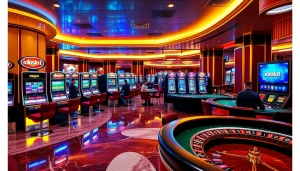 Excited players enjoy idnslot games in a luxurious casino setting with vibrant gaming tables.