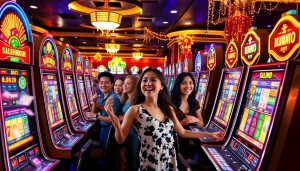 Excited players enjoying various SLOT machines in a vibrant casino environment.