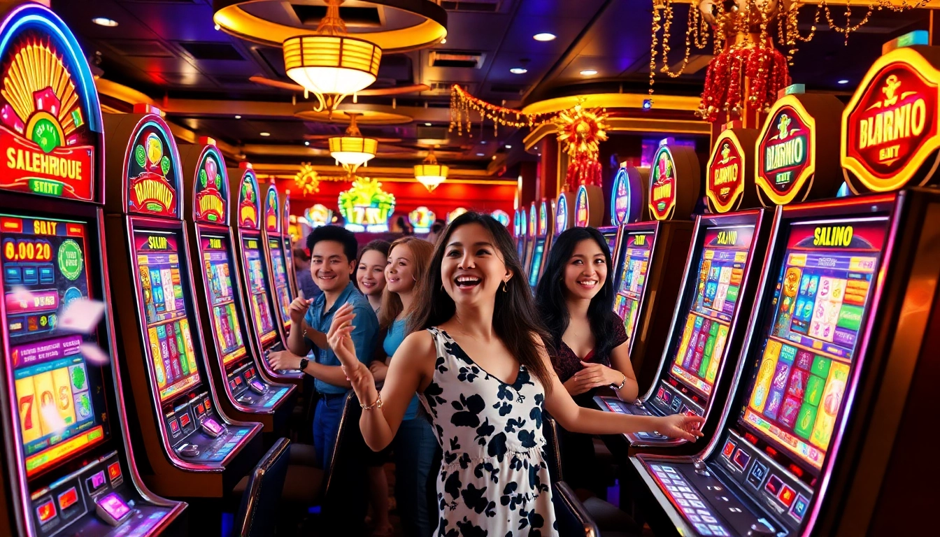 Excited players enjoying various SLOT machines in a vibrant casino environment.