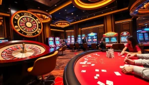 Players enjoying their gaming experience at 33win's luxurious casino, featuring roulette and poker tables.
