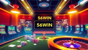 Gamblers placing bets at 56WIN online casino with vibrant tables, chips, and cards