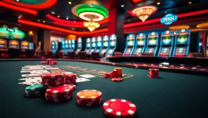 Experience the thrill of KP88 at an elegant casino table filled with chips and cards.
