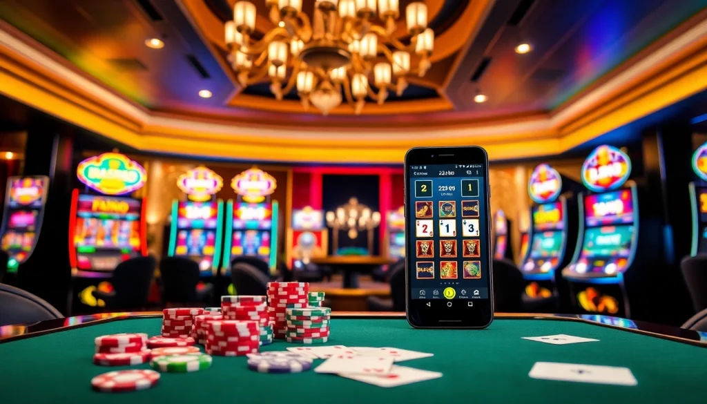 Engaging casino atmosphere showcasing the 222bd app on a sleek smartphone with vibrant gambling elements.