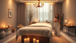 출장마사지 therapy setup with calming ambiance and professional therapist preparing a space.