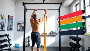Demonstrating assisted pull-up bands in a vibrant home gym setting.