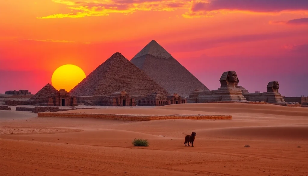 Piraminds glowing under a sunset sky, highlighting their majestic stone structure.